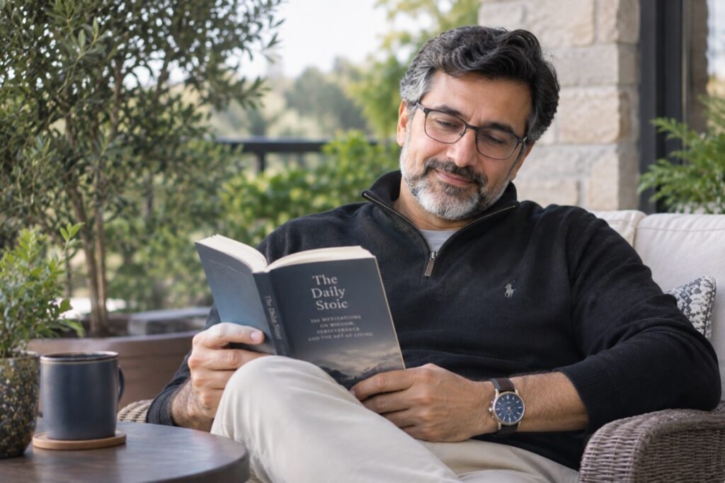 Erik Henson reading a book outdoors
