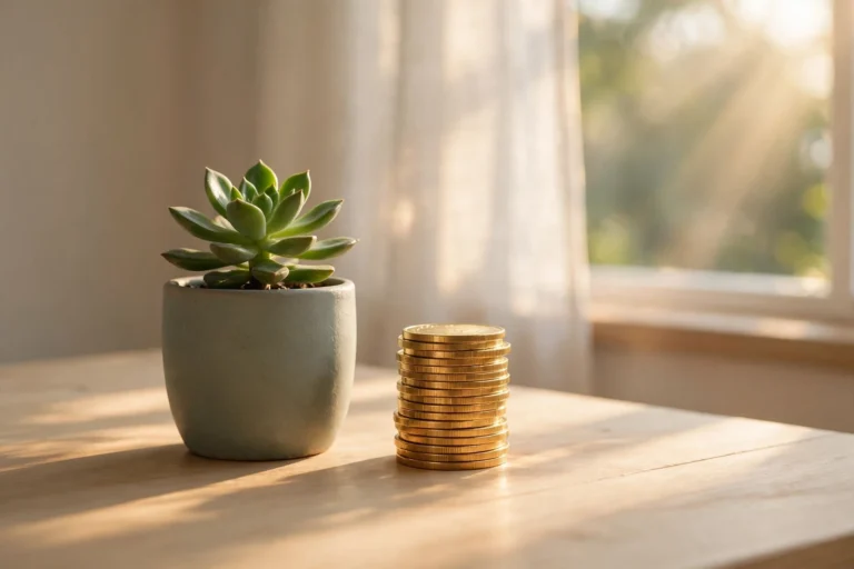 Small succulent plant beside a stack of gold coins in warm window light