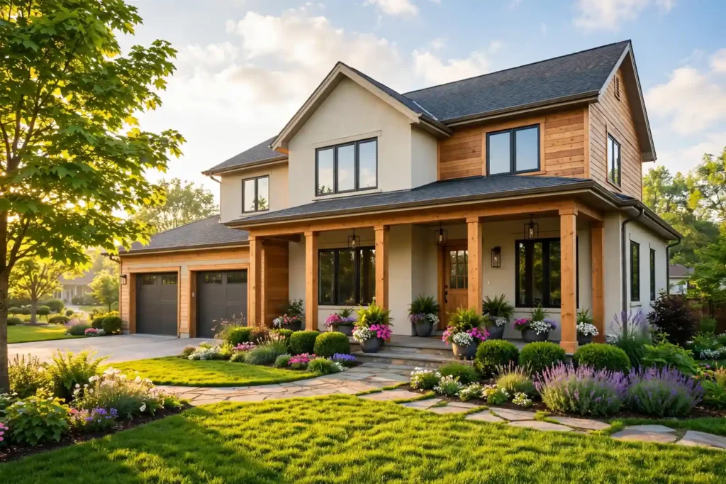 Sunlit suburban house exterior with tidy lawn under a bright blue sky
