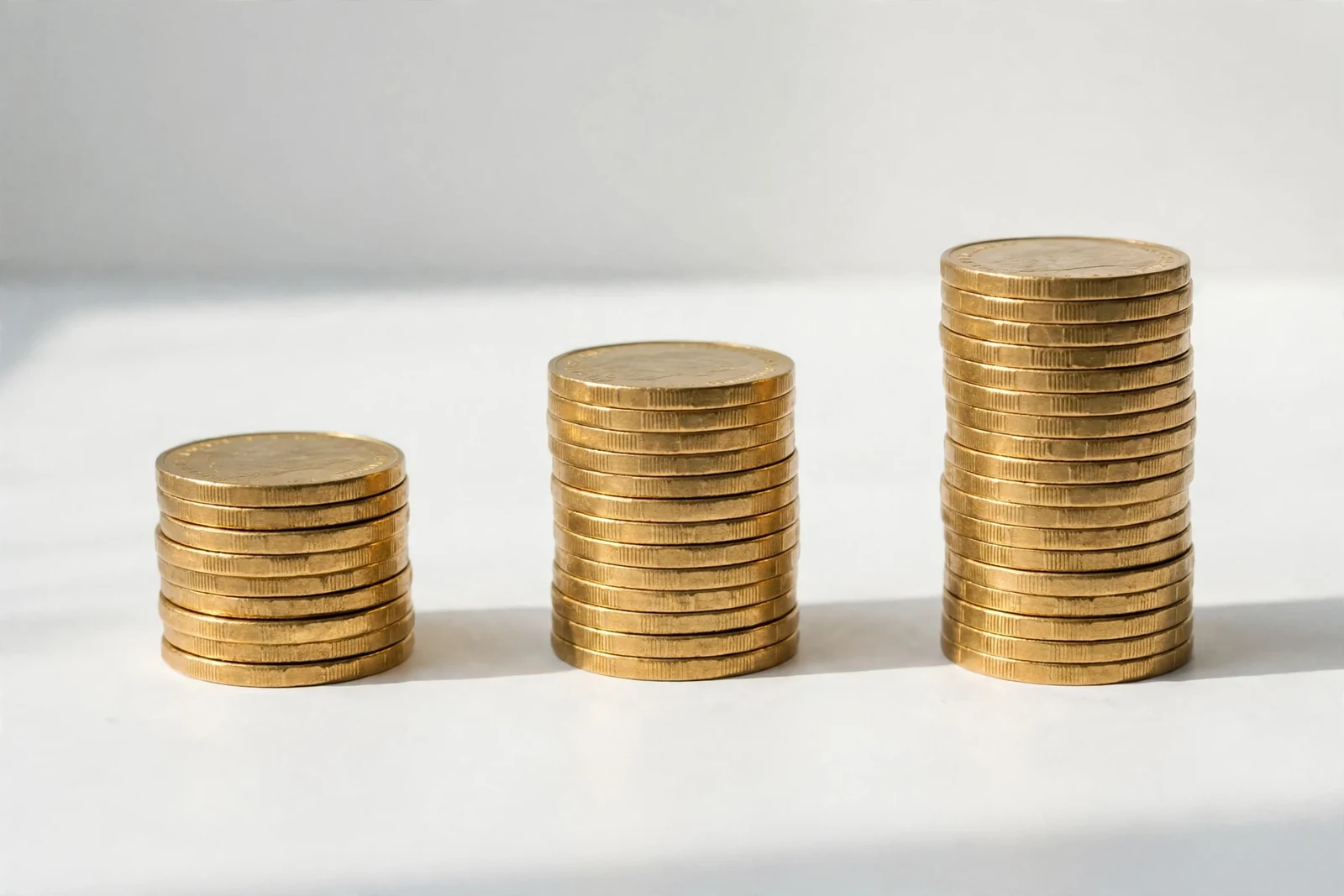 Three neat stacks of gold coins on a clean white surface