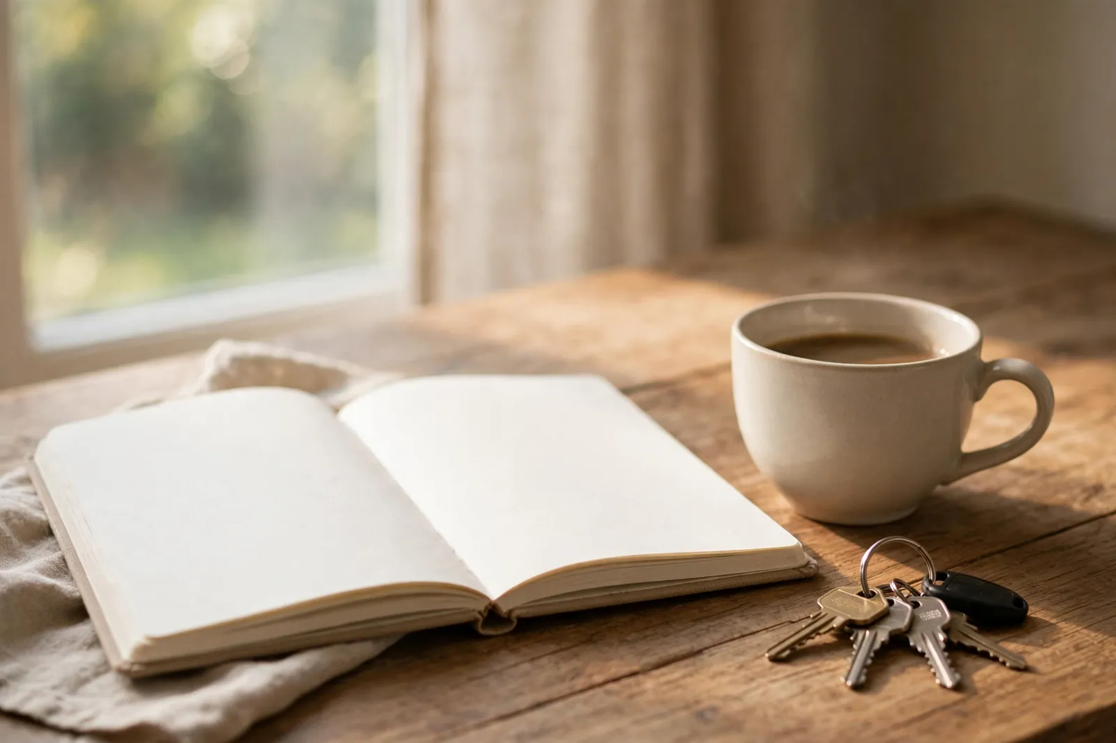 Kitchen table with blank notebook, coffee cup, and house keys in morning light
