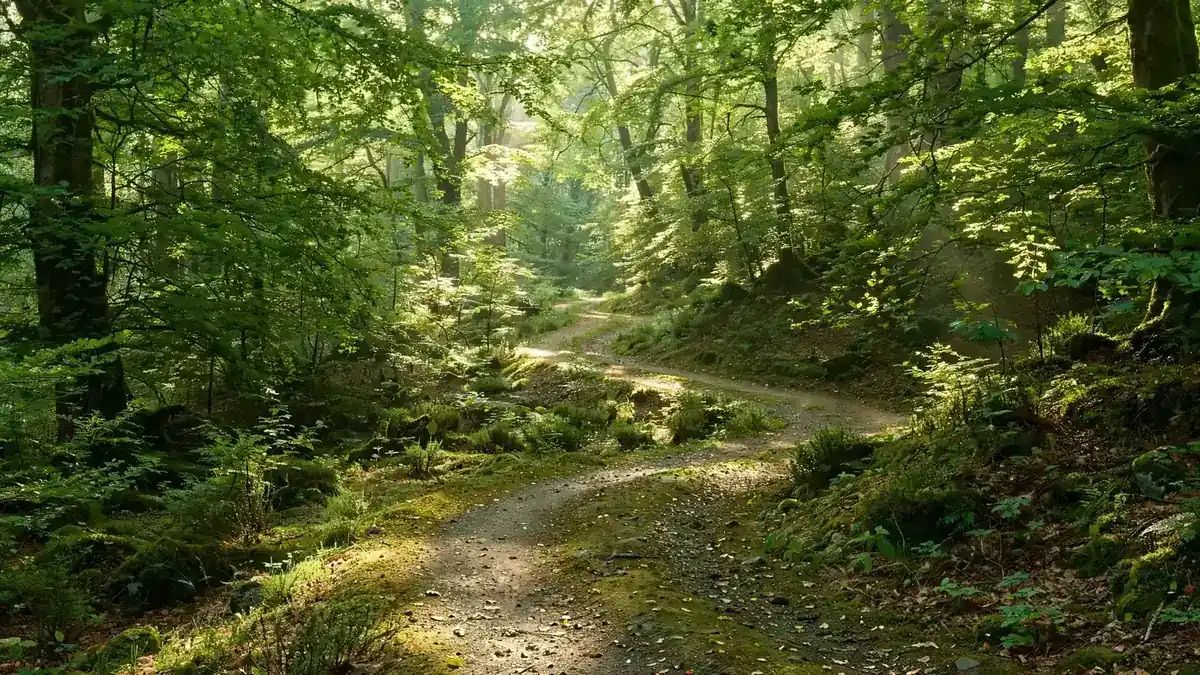 A winding path through a sunlit green forest with dappled morning light