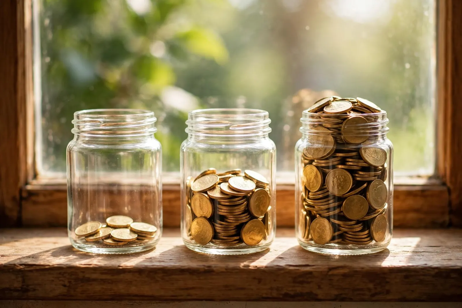 Three glass jars filled with gold coins at different levels on a sunny windowsill