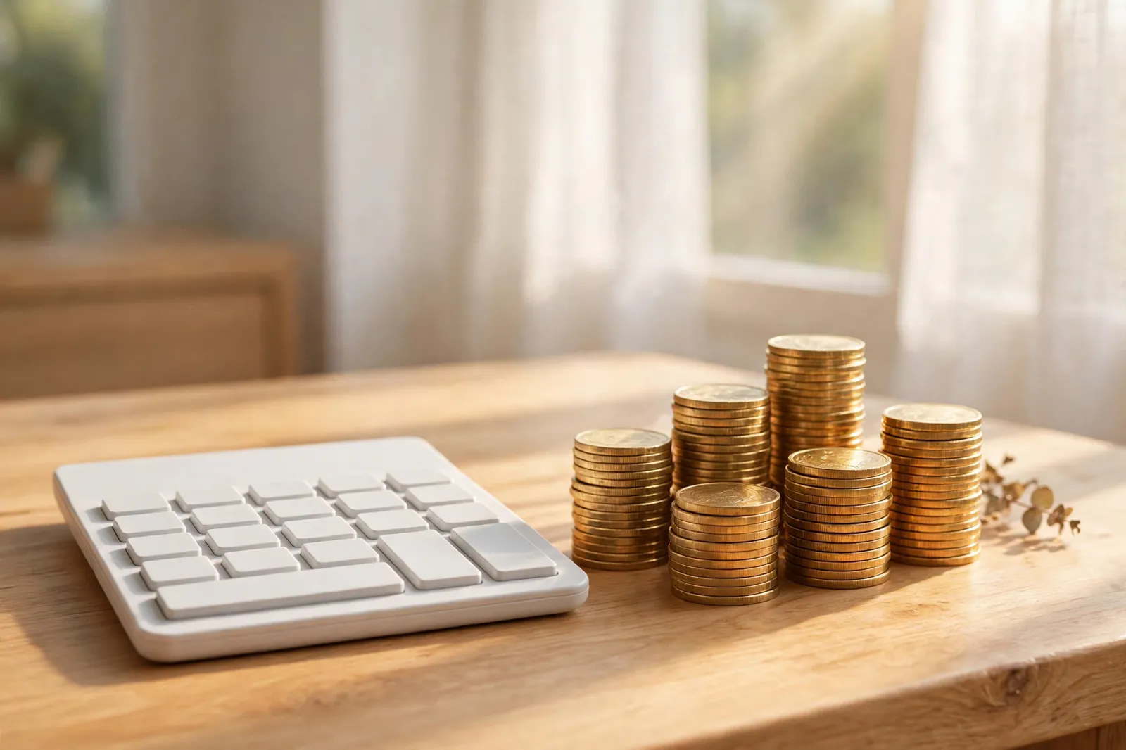 Calculator with blank keys beside stacks of gold coins on a bright desk