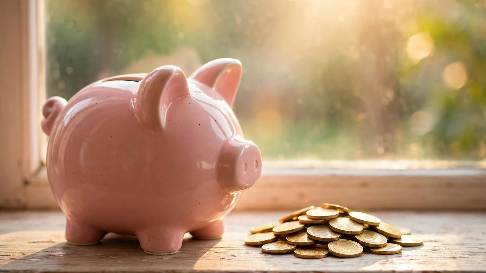 A ceramic piggy bank beside gold coins on a bright windowsill