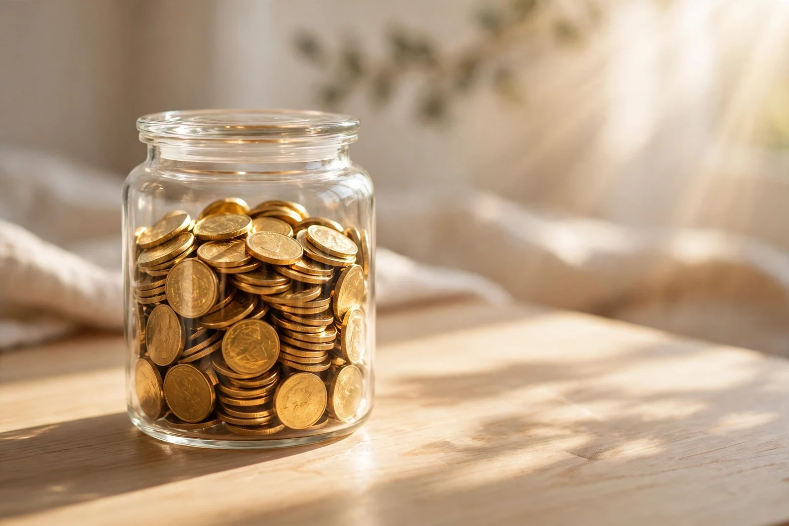 A single glass jar filled with gold coins on a wooden desk in sunlight