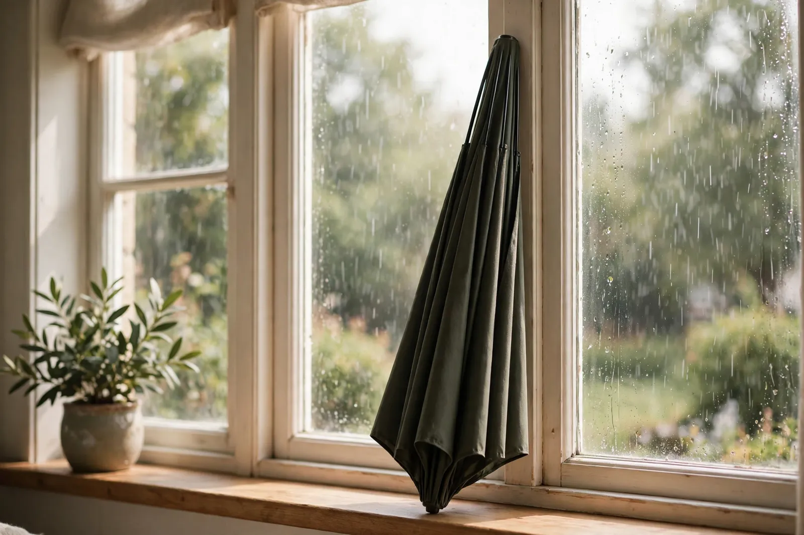 Closed umbrella leaning against a sunlit window with rain outside