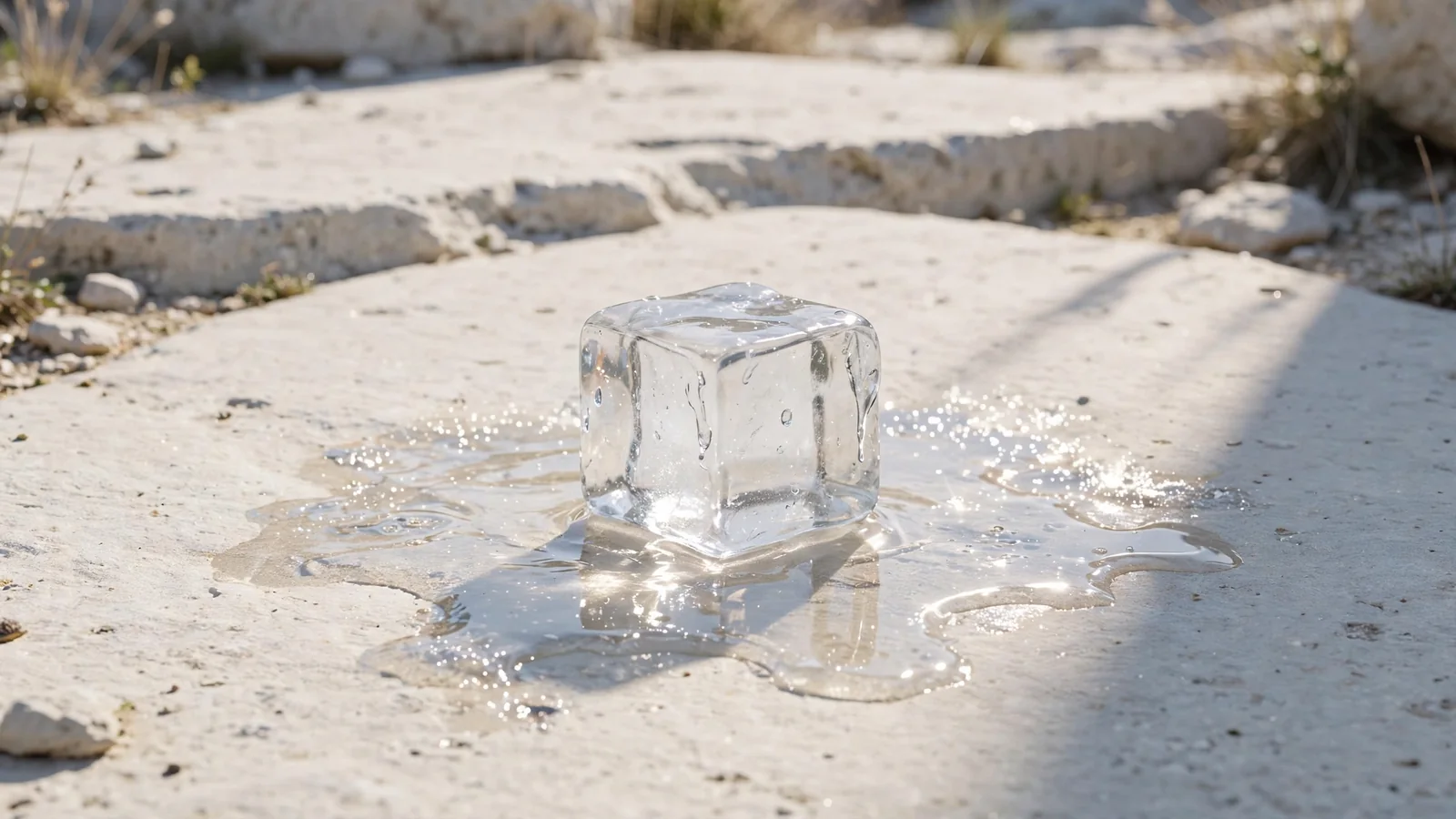 A single ice cube melting in bright sunlight on a light stone surface