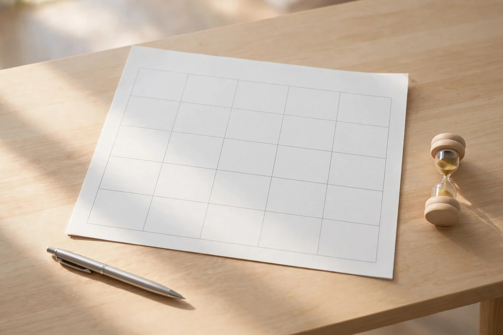 Blank calendar page, pen, and hourglass on a wooden desk