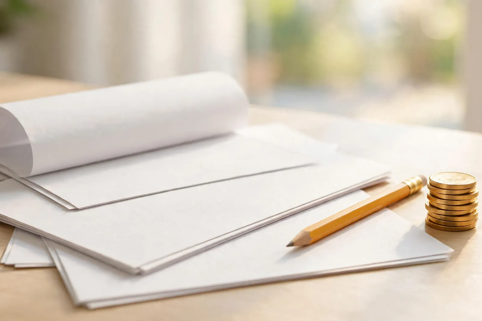 Blank tax paperwork and pencil on a bright desk beside coins