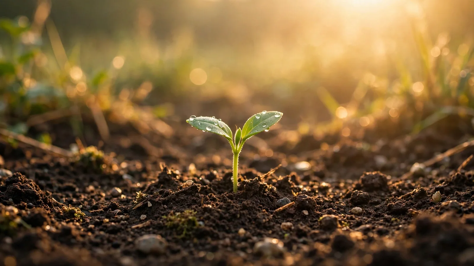 A small green seedling sprouting from soil in warm morning sunlight