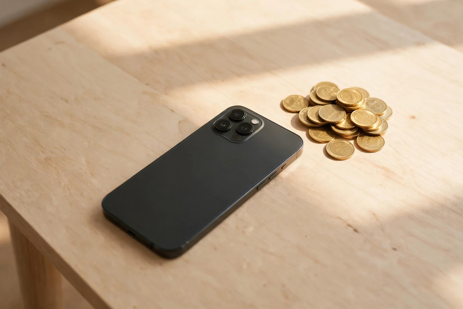 Smartphone lying face-down next to a pile of gold coins on a desk