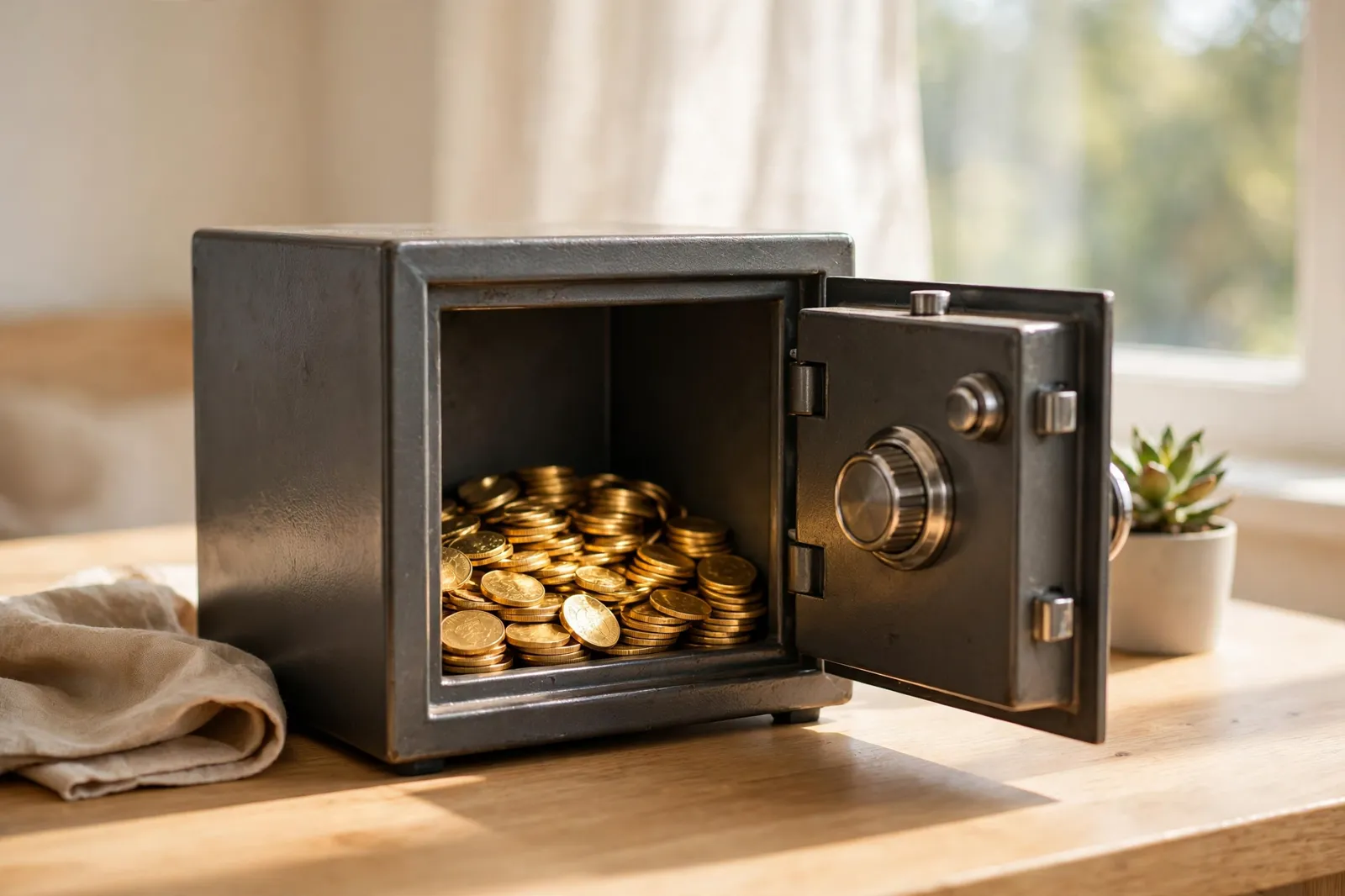 Open metal safe with gold coins inside on a bright desk