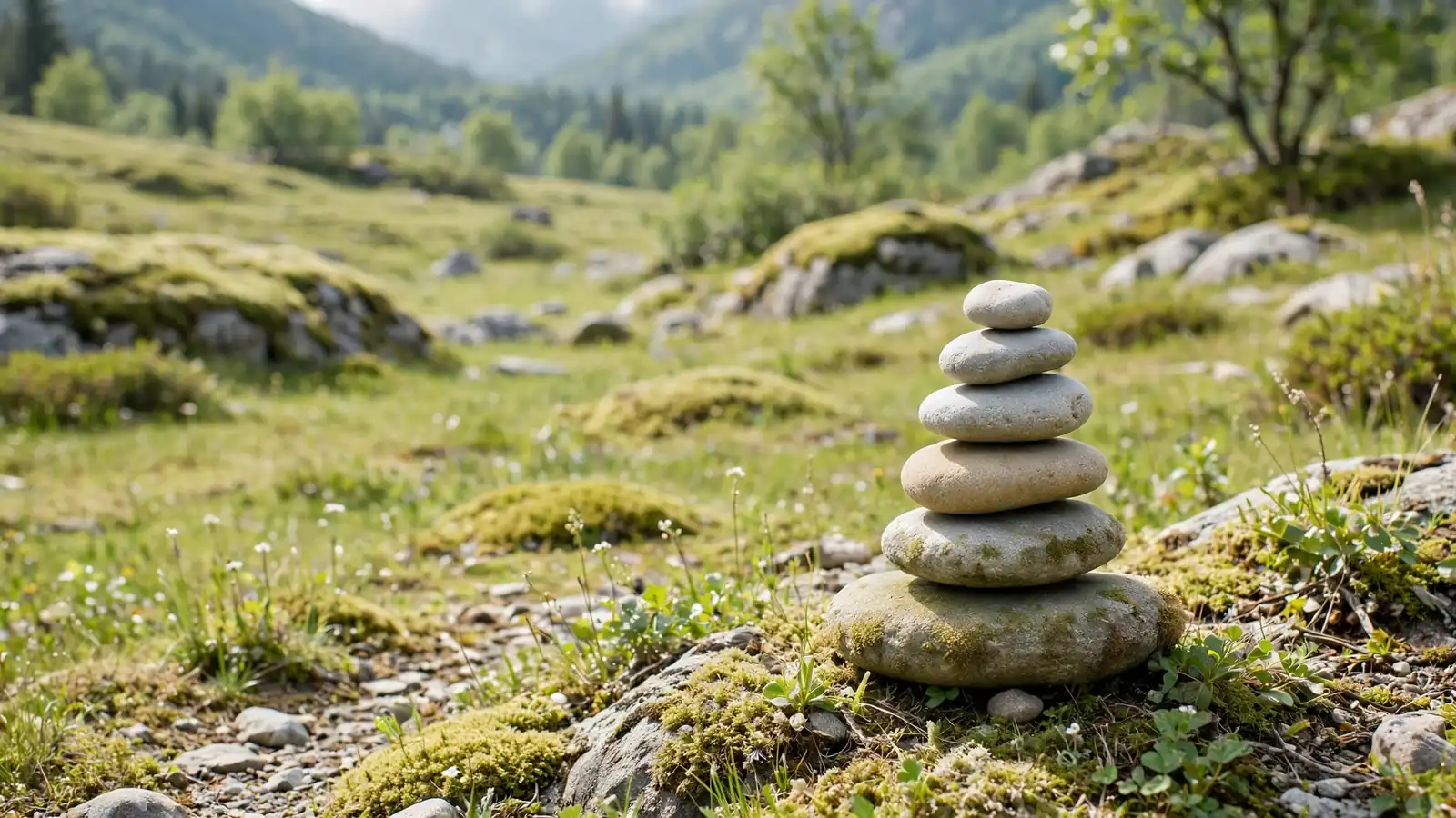 A balanced stack of smooth zen stones in soft bright daylight