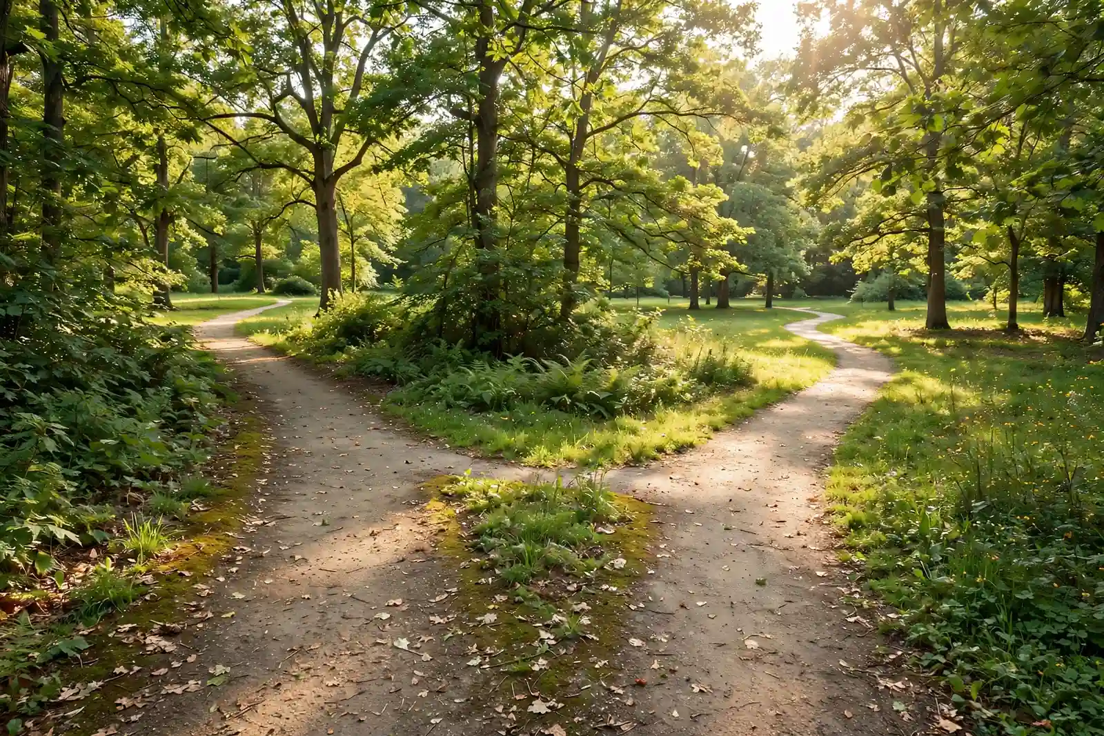 A forked walking path diverging in a sunlit green park