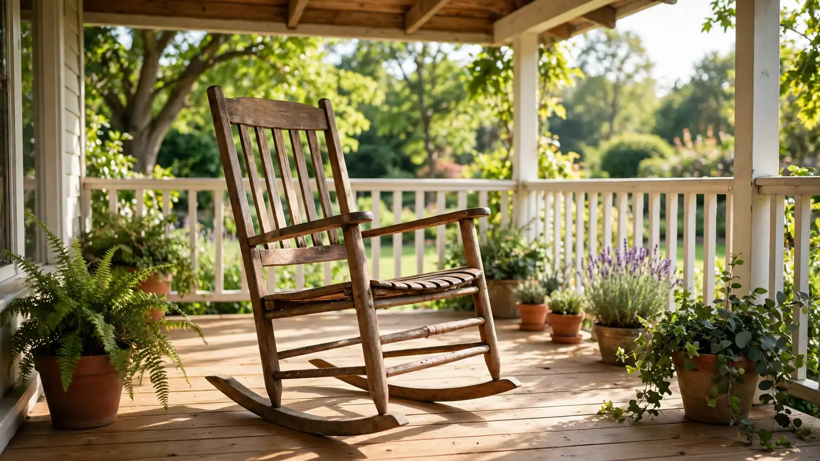 Empty wooden rocking chair on a peaceful sunlit porch