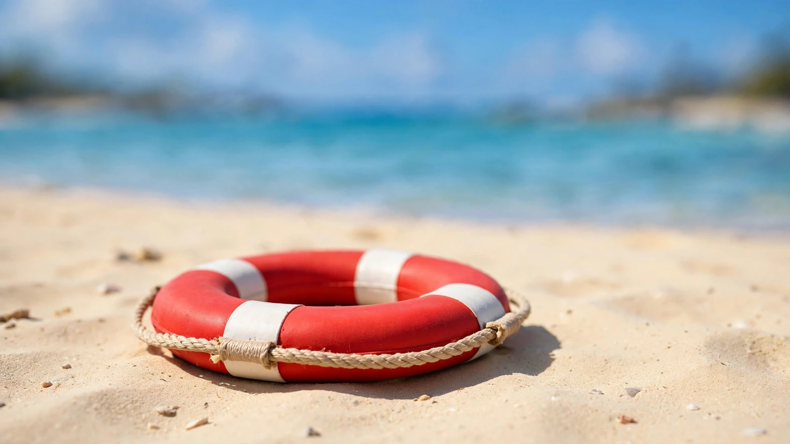 A red-and-white life preserver ring on bright clean sand at a sunny beach