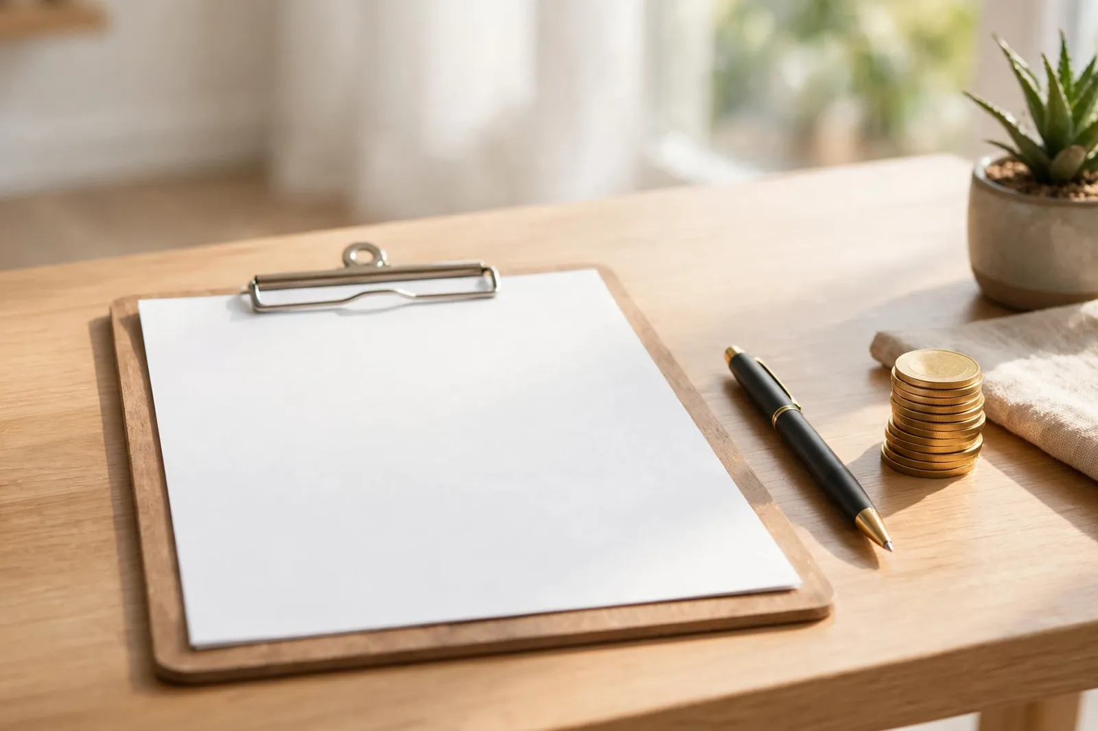 Blank clipboard with pen and gold coins on a bright tidy desk